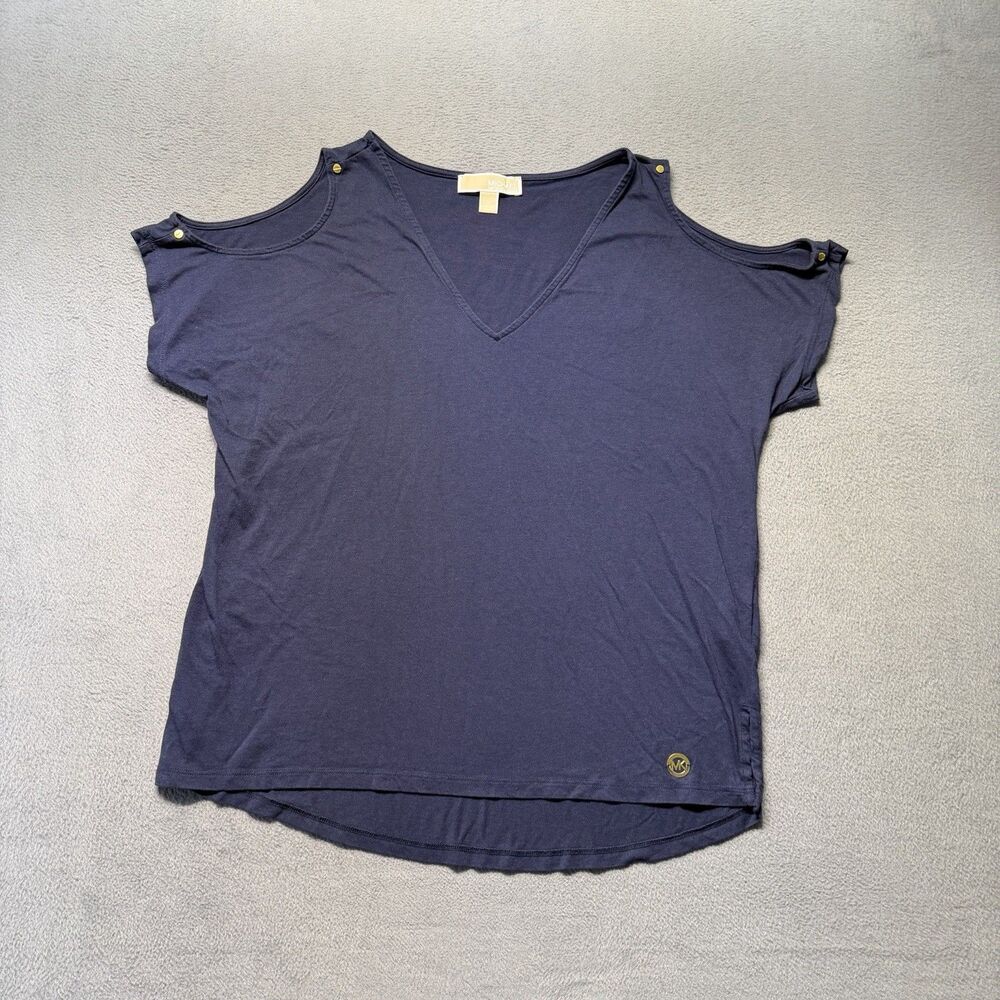 Michael Kors Womens Large Navy Blue Cold Shoulder V Neck Short Sleeve Top